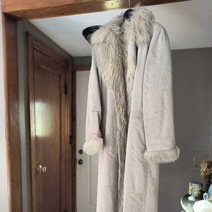 Genuine leather faux fur lined full length coat